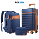 JUEGO DE EQUIPAJE DE MANO EN POLICARBONATO CON RUEDAS GIRATORIAS 360° – MALETA 20”, MOCHILA DE VIAJE Y NECESER CON CERRADURA TSA