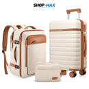 JUEGO DE EQUIPAJE DE MANO EN POLICARBONATO CON RUEDAS GIRATORIAS 360° – MALETA 20”, MOCHILA DE VIAJE Y NECESER CON CERRADURA TSA