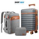 JUEGO DE EQUIPAJE DE MANO EN POLICARBONATO CON RUEDAS GIRATORIAS 360° – MALETA 20”, MOCHILA DE VIAJE Y NECESER CON CERRADURA TSA