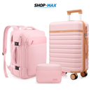 JUEGO DE EQUIPAJE DE MANO EN POLICARBONATO CON RUEDAS GIRATORIAS 360° – MALETA 20”, MOCHILA DE VIAJE Y NECESER CON CERRADURA TSA